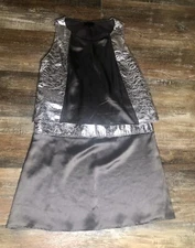 Ammara Women’s Grayish Brown Metallic Silver Silk Shift Cocktail Dress M Euc