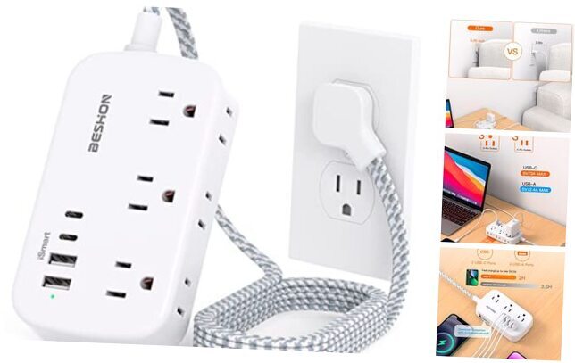 Flat Extension Cord, 5FT Flat Plug Power Strip with 5FT (Braided wire) White-image