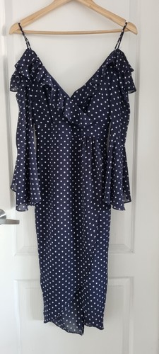 Sheike Dress Size 6 Long Sleeve Polka Dots Navy Blue Midi Cocktail Date - Picture 2 of 10