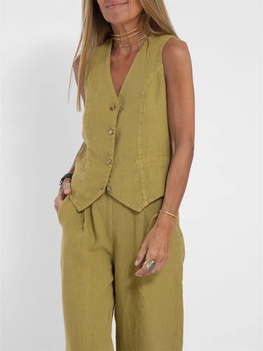 Women's 2 Piece Outfit, Sleeveless, Button Up Vest, Long Pants, Linen Set - Picture 10 of 13