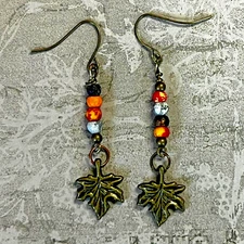 Bronze Tone French Hook Picasso Beads/Maple Leaf Charms Dangle Earrings. S276