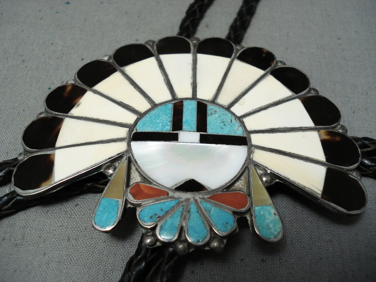 Important Vintage Native American Zuni Turquoise Coral Jet Sunface Sterling Silver Bolo Tie Important Vintage Native American Zuni Turquoise Coral Jet Sunface Sterling Silver Bolo Tie