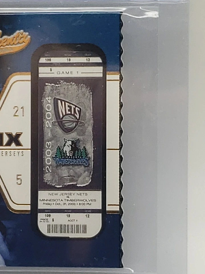Camiseta deportiva Fleer Skybox 2003-04 troquelada Authentix doble juego usada K. Garnett J. Kidd Foto 2 de 4
