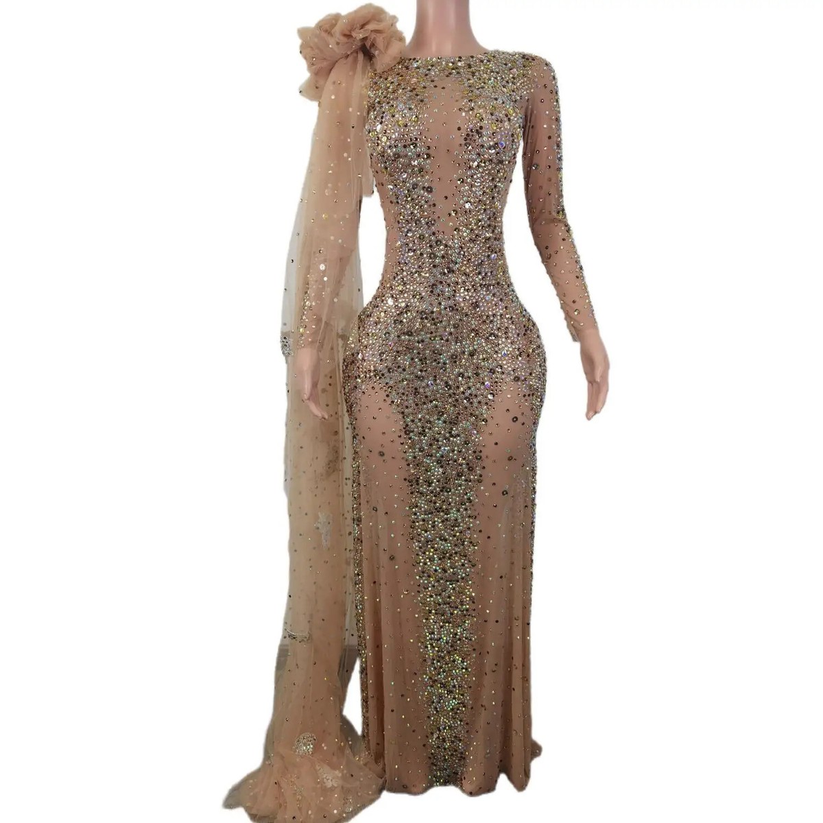 Luxury Women See Through Mesh Crystals Maxi Dress Formal Prom Evening  Dresses | eBay