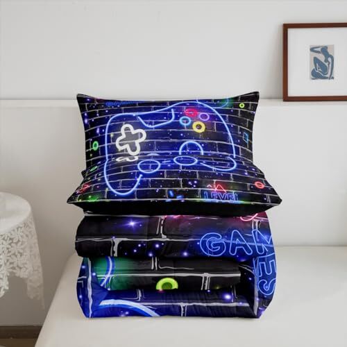 Gaming Kids Comforter Set for Boys Men,Gamepad Kids Bedroom Twin Blue