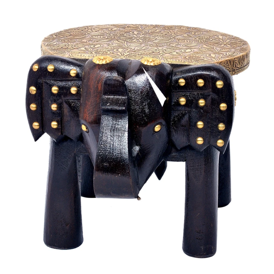 Wooden Elephant Stool Brass-Fitted Elephant Table Pedestal Table Corner Table - Image 2 of 4
