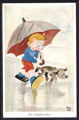Künstler-AK sign. Max Otto: Knabe mit Hund im Regen 