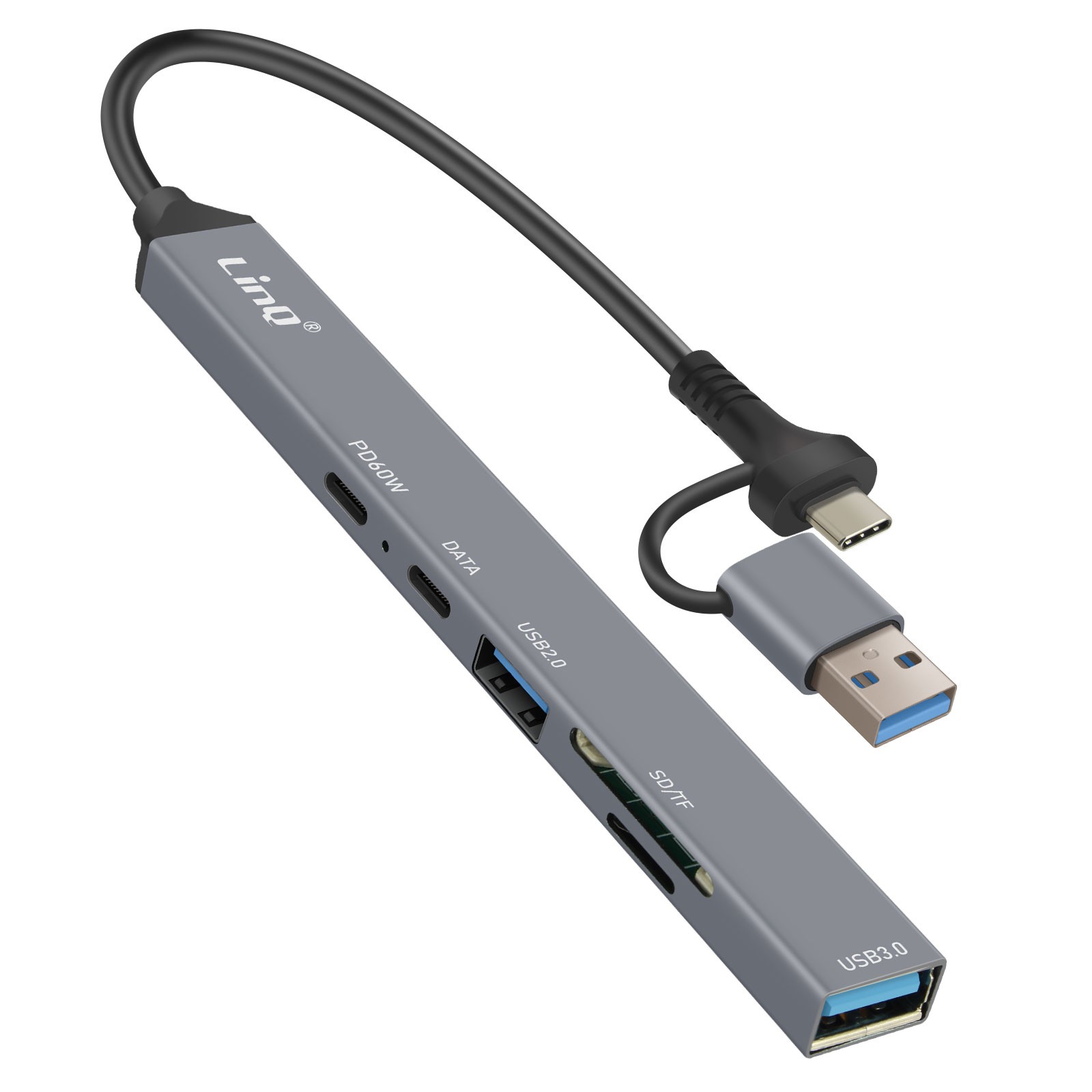 Hub USB-C LinQ avec charge Power Delivery 60W et lecteur carte SD TF gris