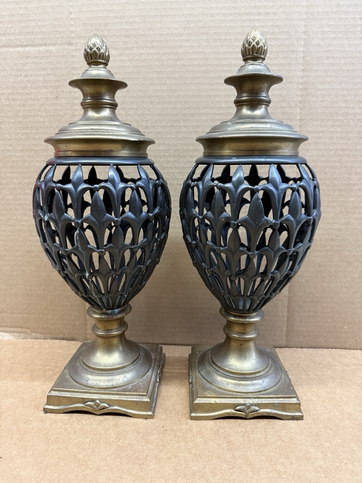 Vintage Pair of Heavy Metal Lidded Urns / Decorative Vases, 