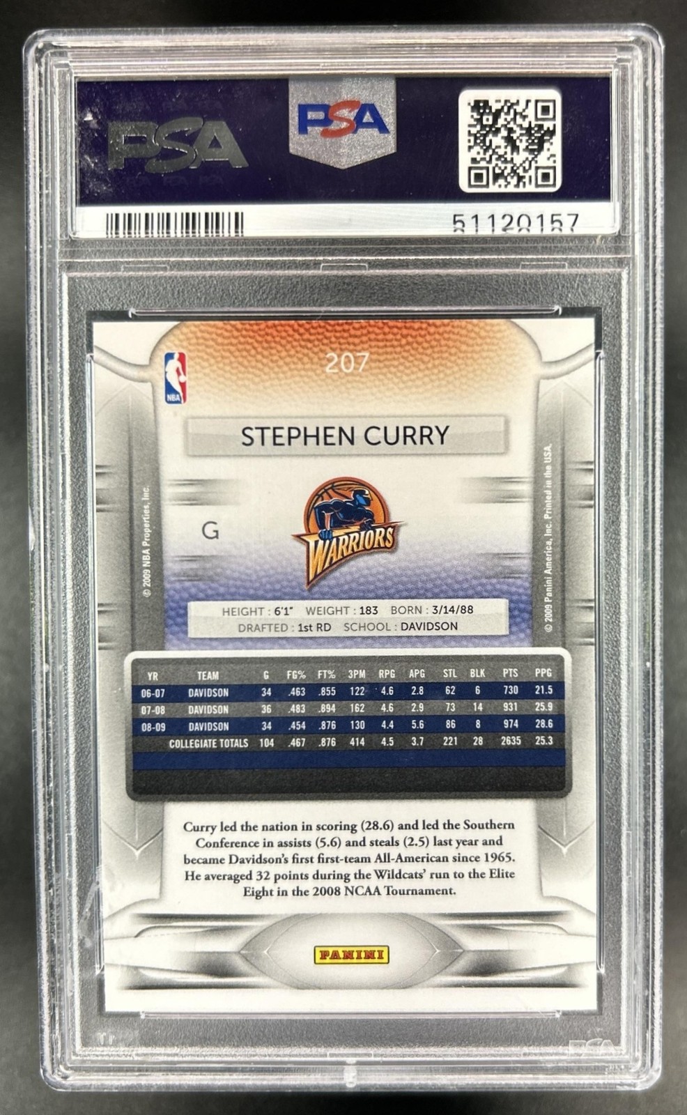 2009-10 Panini Prestige Stephen Curry Rookie RC #207 Warriors PSA 10 GEM MINT view 2