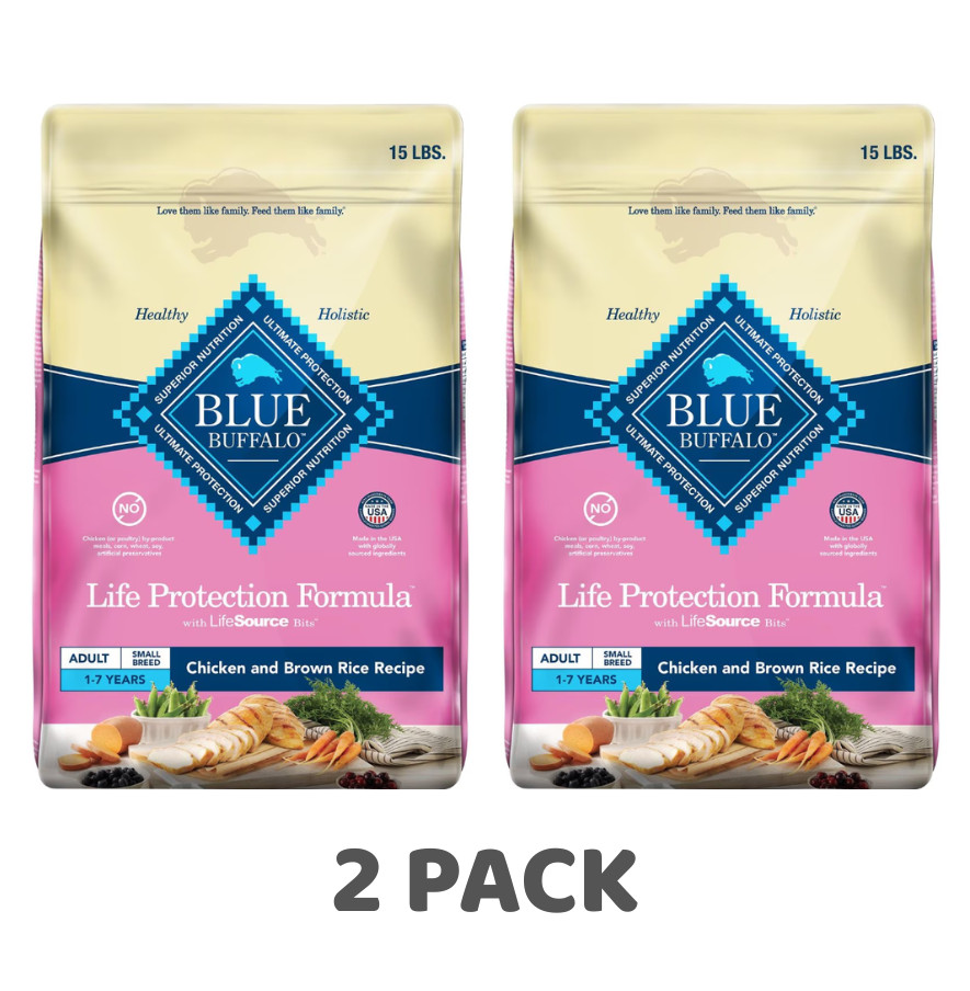 (2 Pack) Blue Buffalo Adult Small Breed Chicken & Brown Rice Dry Dog Food, 15 lb