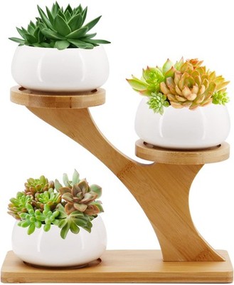 Gearific Succulent Pots, Ceramic Flower Pot with Bamboo Tray Holder
