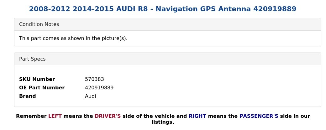 Audi R8 2008-2012 Gps antenna P/N 420919889
