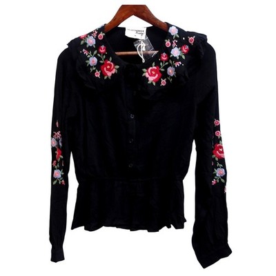 Savanna Jane Black Floral Embroidered Sequin Boho Blouse Top M /#26307