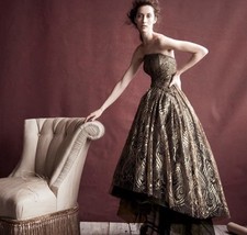 Monique Lhullier Dress Strapless Tea Length Dress New Size 4 Gold Feather Lace