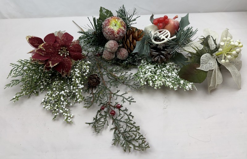 (8) Christmas Floral Picks - Poinsettia Flowers, Fruit, Evergreen - Glitter