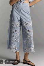 Anthropologie Maeve Eyelet-Stripe Wide-Leg Pants Blue Stripe Size L NWOT Colette