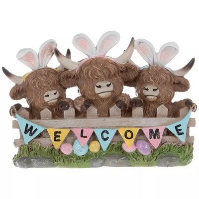 Easter Highland Cows in Bunny Rabbit Ears Welcome Trio Resin Figurine