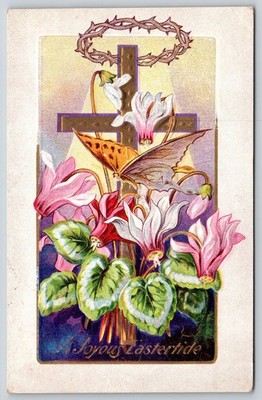 Easter~Gold Cross~Crown Of Thorns~Butterfly~Flowers~NASH c1910 Vintage Postcard
