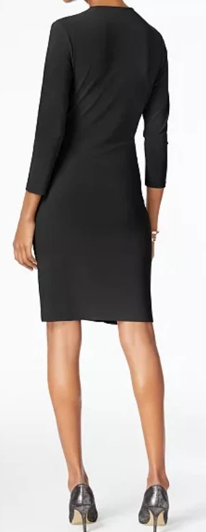 Anne Kline 女式 3/4 袖黑色裹身连衣裙 16 码弹力及膝连衣裙 — 第 2/2 张图片
