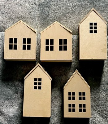 Wooden Little Houses With Windows Decor For Crafting. Paintable