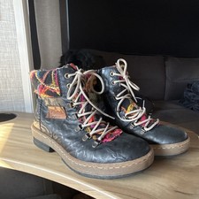 Rieker Women's Lace-Up Ankle Combat Boots Black Multicolor Faux Fur Collar