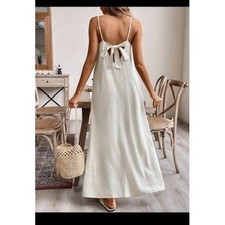 Rosa Cream Linen Blend Tie Back Maxi Dress V-Neck Spaghetti Strap NEW Size M
