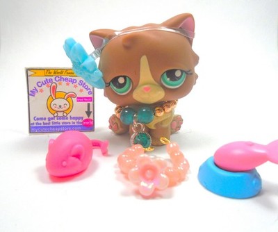 Littlest Pet Shop Rare Brown Persian Cat #371 with accessories authentic