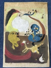 joan miro drawing and painting on old paper signed stamped vintage