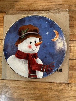 Tableware Snowman Round Serving Platter Ceramic Christmas Plaid Scarf 11.5 Inch