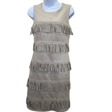 Calvin Klein 6 Faux Suede Fringe Dress Sleeveless Beige boho concert cowgirl