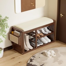 Solid Wood Shoe Bench with Leather Cushion, Shoe Storage Organizer with Side Hol