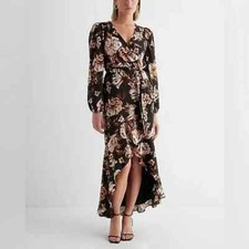 Express Floral Surplice Ruffle Hi-Lo Maxi Dress Black Print Size XS Extra Small