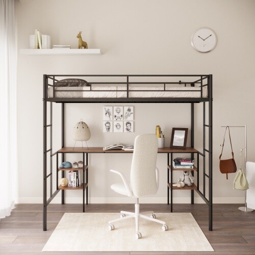 Metal Loft Bed with Desk Table and Storage Shelves Twin Size