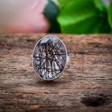 Thanksgiving Black Rutilated Quartz Gemstone 925 Sterling Silver Ring Size 6"