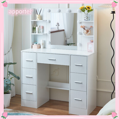 NEW Vanity Set with 10 LED Lighted Mirror Makeup Dressing Table Dresser Desk USA