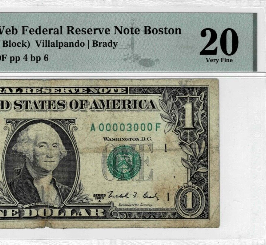 1988A $1 Federal Reserve 'WEB'note--fr.1917-A--PMG VF 20-- Serial# 00003000 - Image 4 of 4