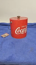 Vtg 2003 Drink COCA COLA Round Insulated Ice Bucket Wooden Handles PLS SEE PICS 