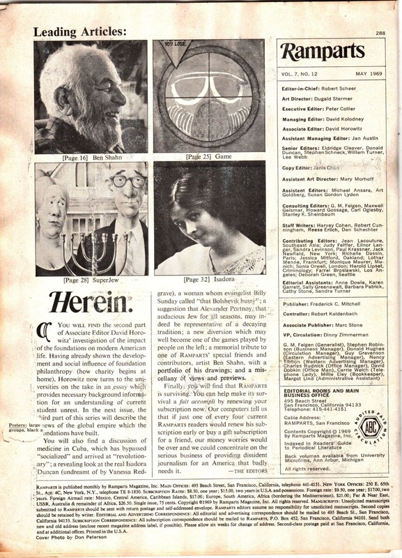 RAMPARTS MAGAZINE - May 1969 -ISADORA DUNCAN, BEN SHAHN,more, Free US shipping