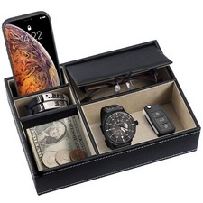 PU Leather Valet Tray Organizer 5-Compartment Nightstand & Desk Catchall