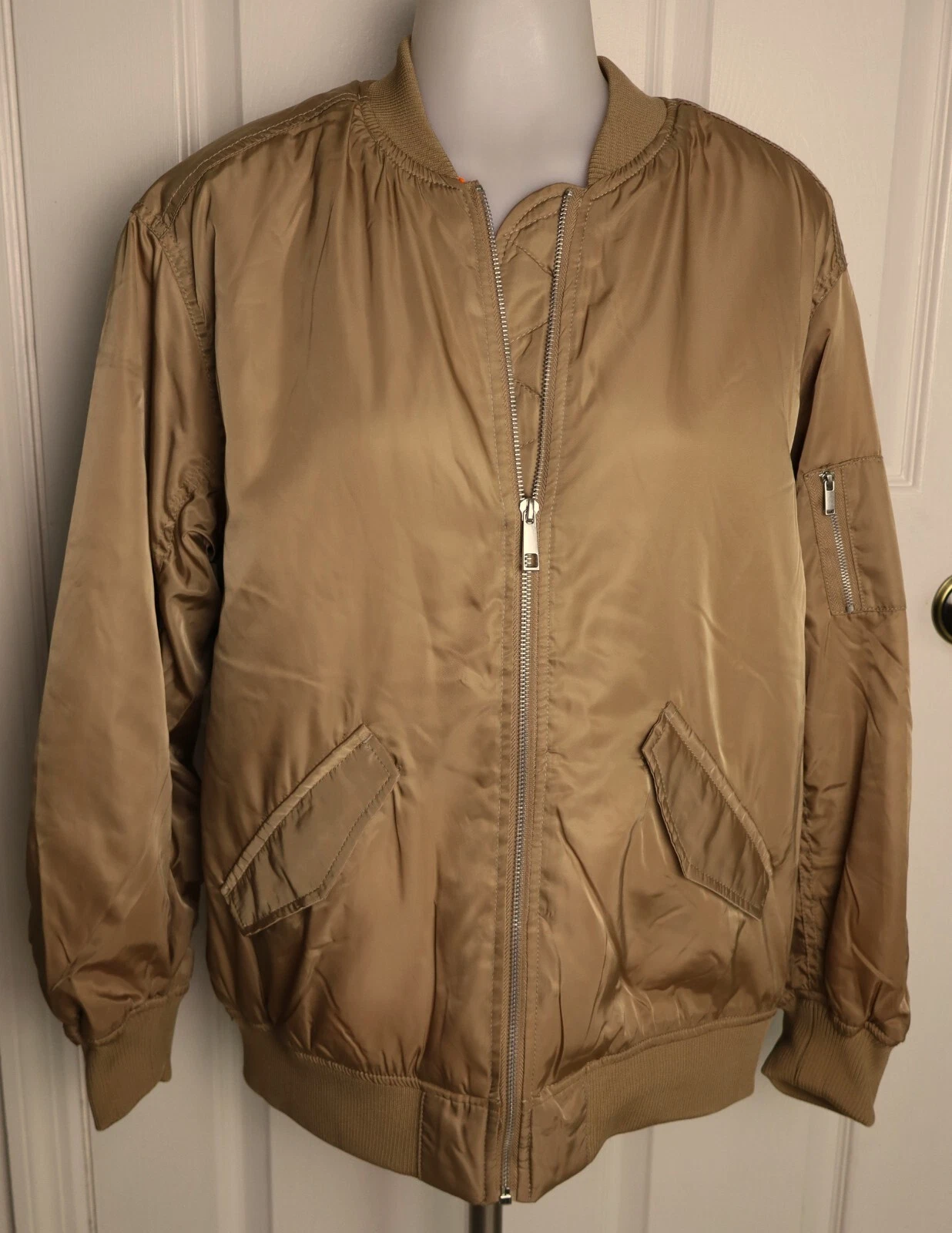 NWT Love Tree Lightly Lined Zip L/S Gold Faux-Satin Bomber Jacket Sz S-Runs Big