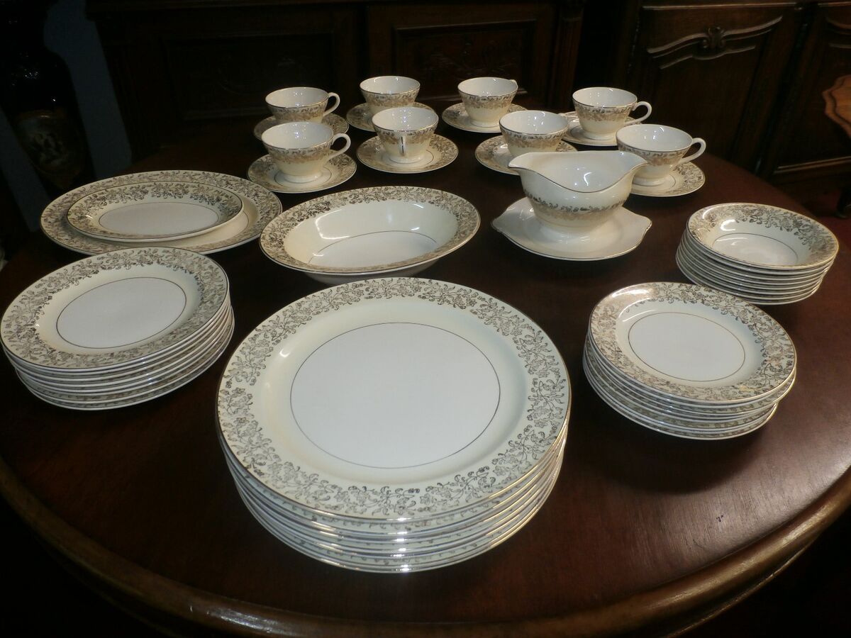 51 Pc. Edwin M Knowles Semi Vitreous Gold Floral China Set 51 Pc. Edwin M Knowles Semi Vitreous Gold Floral China Set