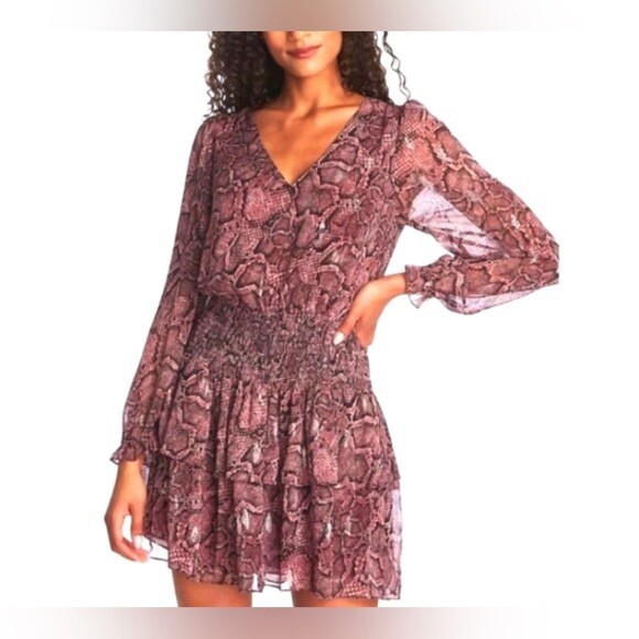 1. State Pink Snakeprint Smocked Double Tier Ruffle Dress. . NWT!