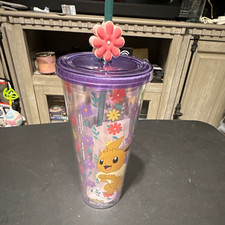 Pok mon Eevee Floral 24 oz Clear Plastic Tumbler w/ Purple Lid Straw