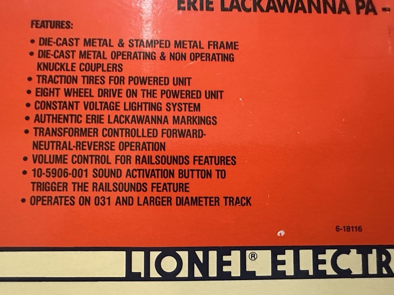 LIONEL 6-18116 O GAUGE ERIE LACKAWANNA ALCO A A SET AND PASSENGER CARS  IN  ORIG