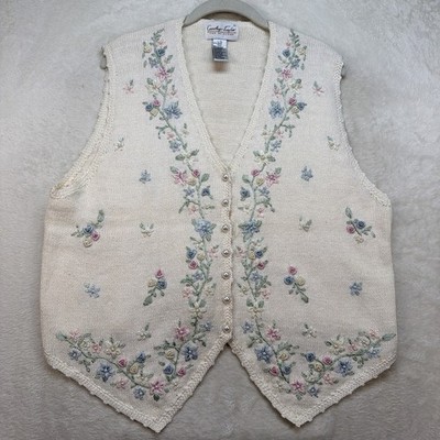 Carolyn Taylor Embroidered Sweater Vest Womens L Floral Cottagecore Vintage