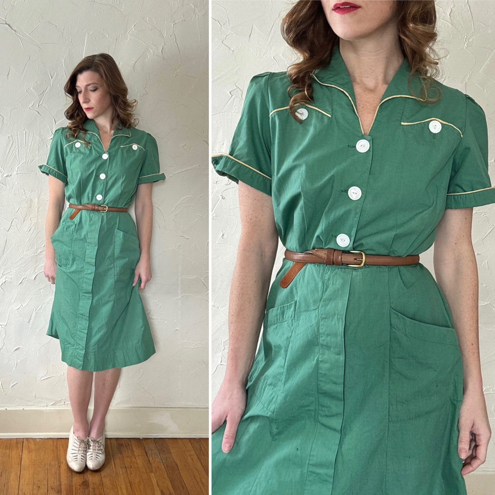 Vintage 1940s Cotton Uniform Chore Dress Green An… - image 1