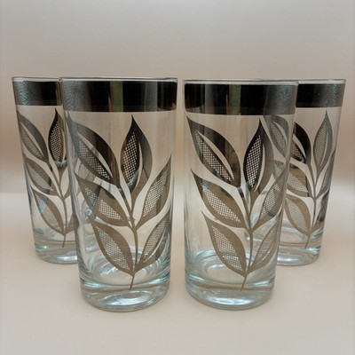 Set of 4 Utd Glass Silver Leaf Tumblers 5.5  Tall Hollywood Regency MCM Barware
