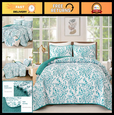 Teal King Size Quilt Bedding Set, Botanical Design, Soft Microfiber Coverlet, 3