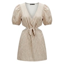 ZARA Cut Out Mini Dress M Plaid Cotton Linen Cottagecore Picnic Boho Puff Sleeve